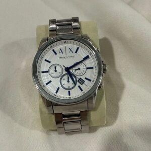 Armani Exchange Silver Chronograph Watch with Blue Details